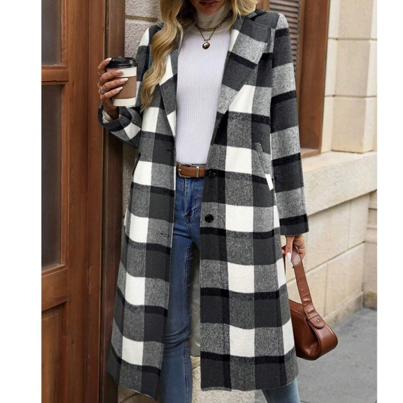 Classic Plaid Print Button Pockets Long Jacket Coat - Picture 2 of 12